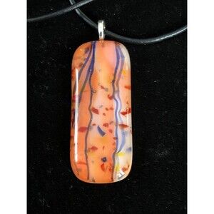 Orange And Blue art glass pendant on a black cord Leather necklace 18”